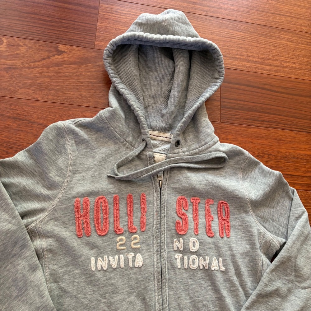 Hollister Vintage Y2K Gray Full Zip Hoodie Pink Spellout Graphic Embroidered L